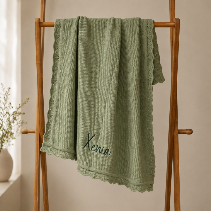 Mabel & Fox - Personalised Knitted Baby Blanket - Sage Green
