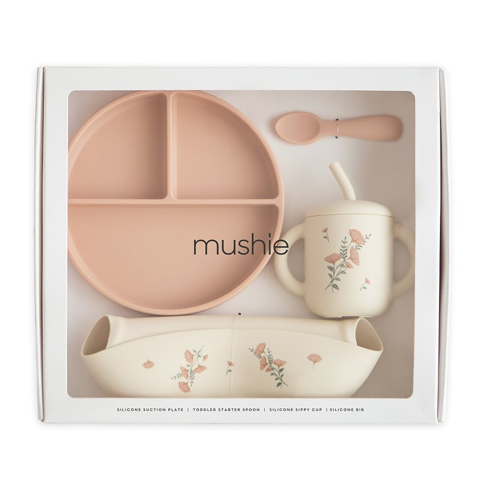 Mushie - Silicone Feeding Toddler Set - Pink Flowers - Mabel & Fox