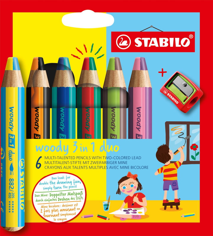 Stabilo - Woody 3-1 Duo Crayons - 6 Colour Set With Sharpener - Assorted Colours