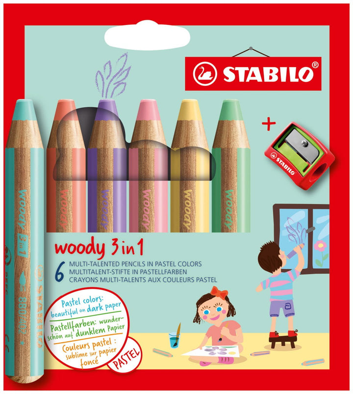 Stabilo - Woody 3-1 Crayons - 6 Colour Set With Sharpener - Pastel