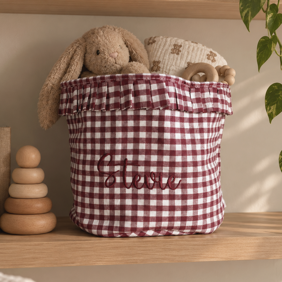 Mabel & Fox - Personalised Gingham Ruffle Basket - Red - Mabel & Fox