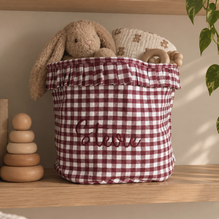 Mabel & Fox - Personalised Gingham Ruffle Basket - Red - Mabel & Fox
