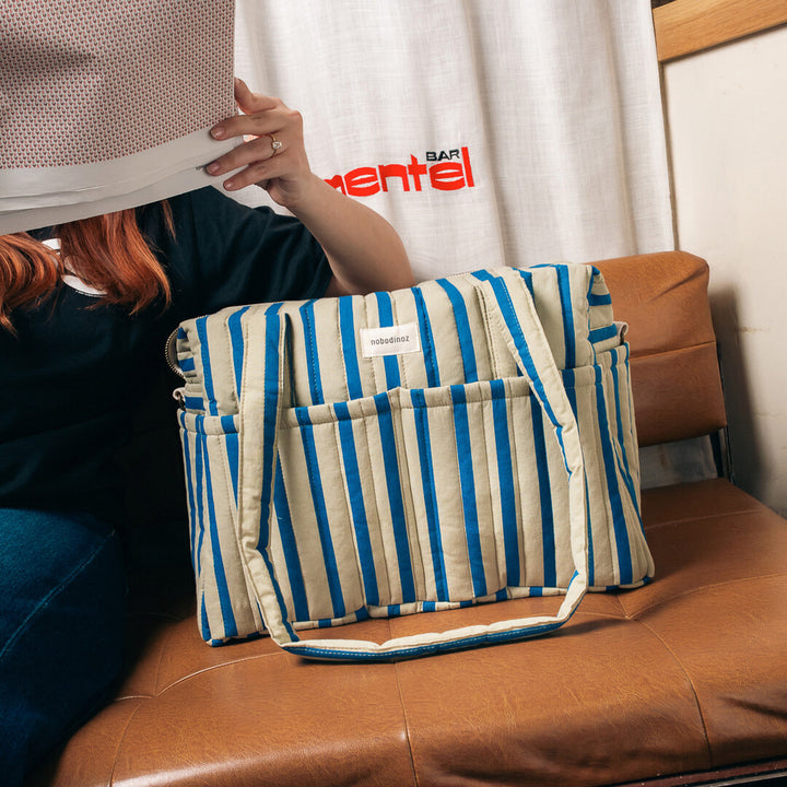 Nobodinoz - Stories Limited Edition Stroller Bag - Green Blue Stripes - Mabel & Fox