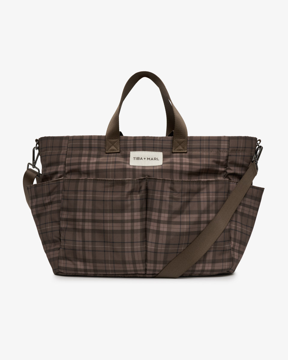 Tiba + Marl Canvas Pocket Tote Brown Tonal Tartan Print