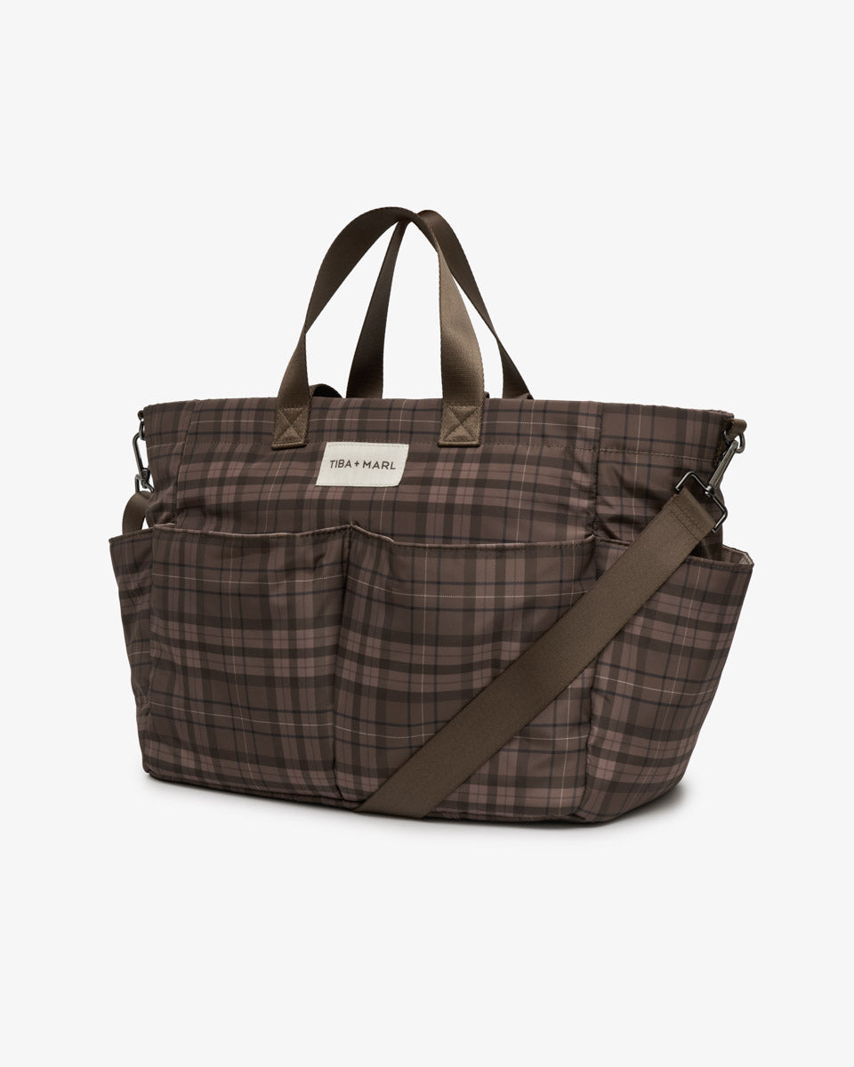 Tiba + Marl Canvas Pocket Tote Brown Tonal Tartan Print