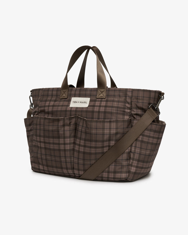 Tiba + Marl Canvas Pocket Tote Brown Tonal Tartan Print