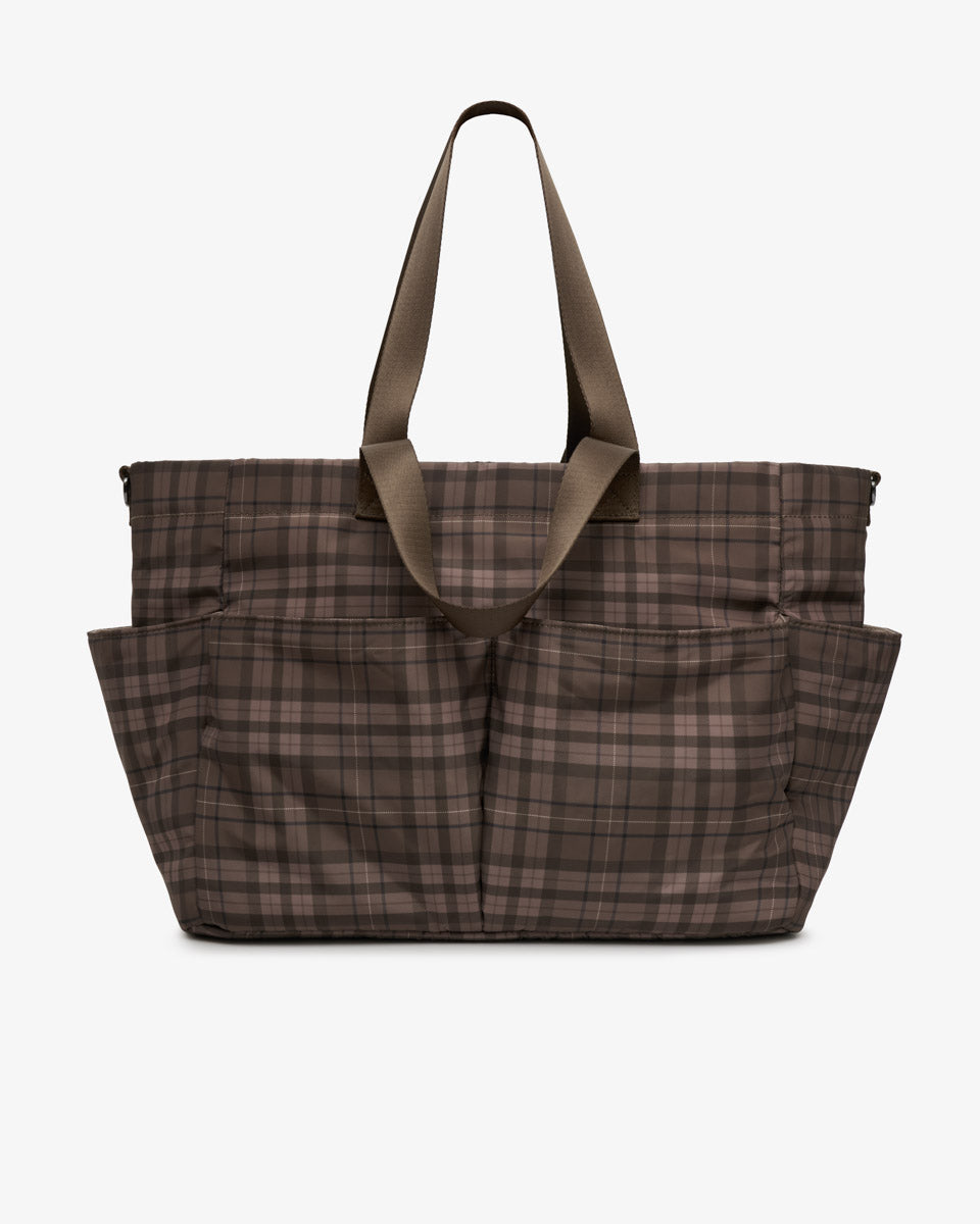 Tiba + Marl Canvas Pocket Tote Brown Tonal Tartan Print