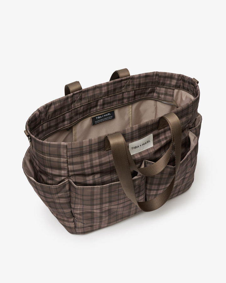 Tiba + Marl Canvas Pocket Tote Brown Tonal Tartan Print