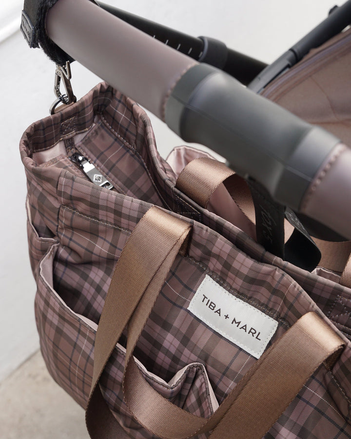 Tiba + Marl Canvas Pocket Tote Brown Tonal Tartan Print