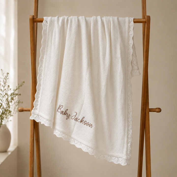 Mabel & Fox - Personalised Knitted Baby Blanket - Cloud White