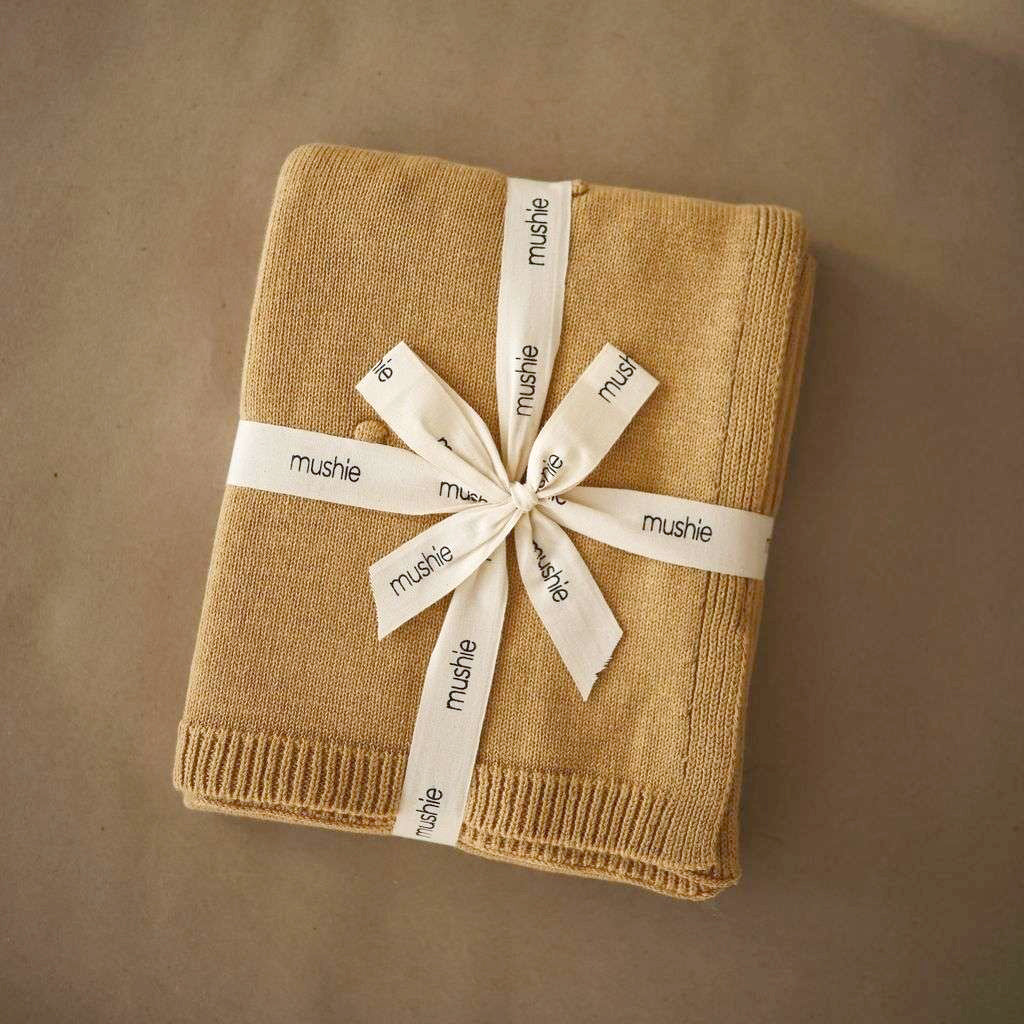 Mushie - Knitted Baby Blanket -Textured Dots Mustard Melange