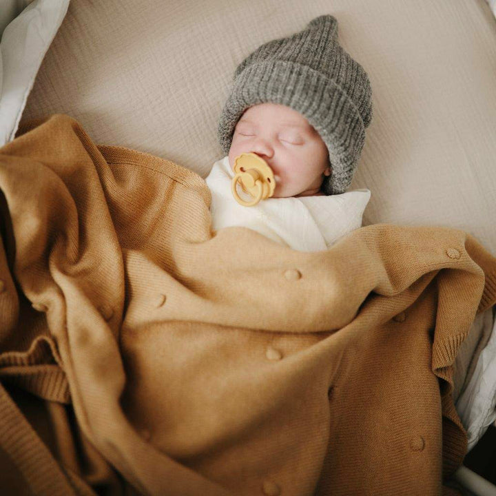 Mushie - Knitted Baby Blanket -Textured Dots Mustard Melange