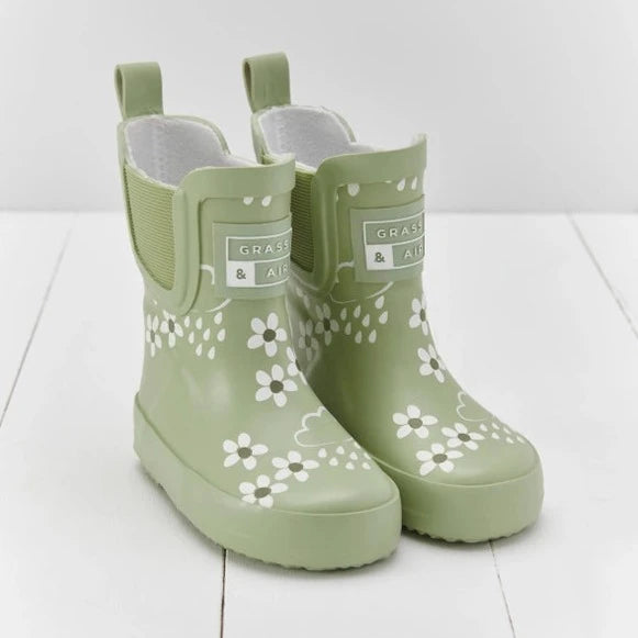Grass & Air - Colour-Changing Cloud Short Wellies - Spring Green Floral
