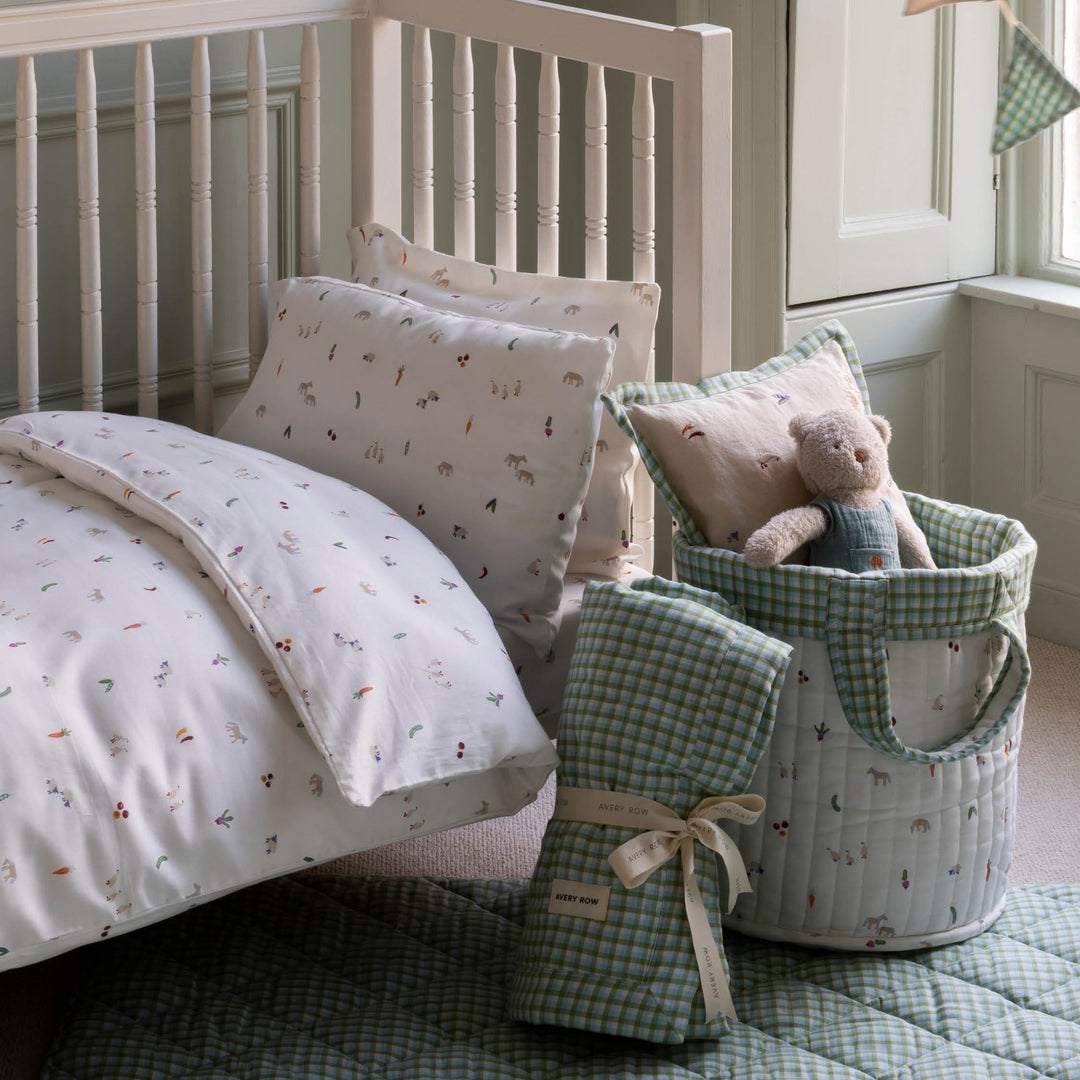 Avery Row - Large Quilted Storage Basket - Greenhouse Gingham / Little Farm - Mabel & Fox