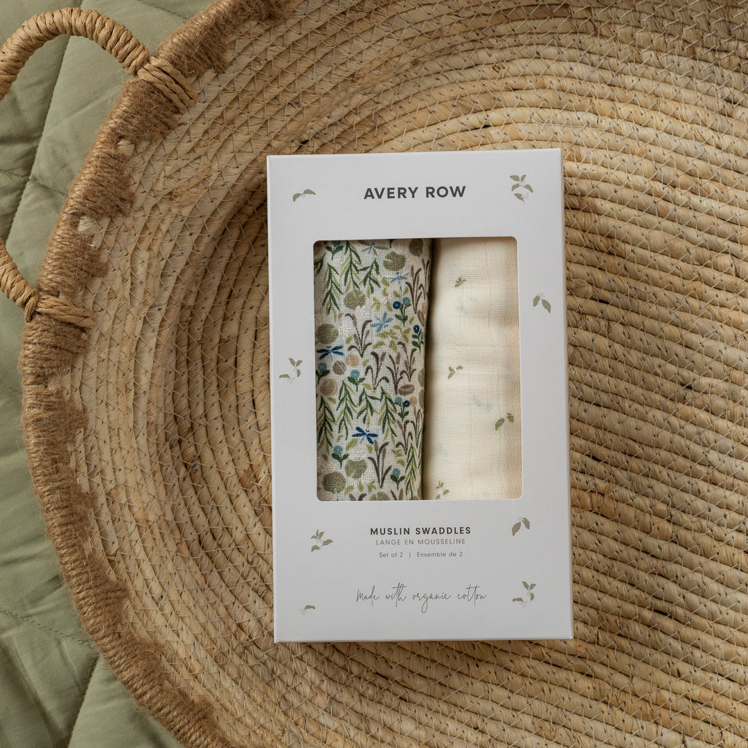Avery Row - Organic Baby Muslin Squares Set of 2 - Riverbank / Nettle Scatter - Mabel & Fox