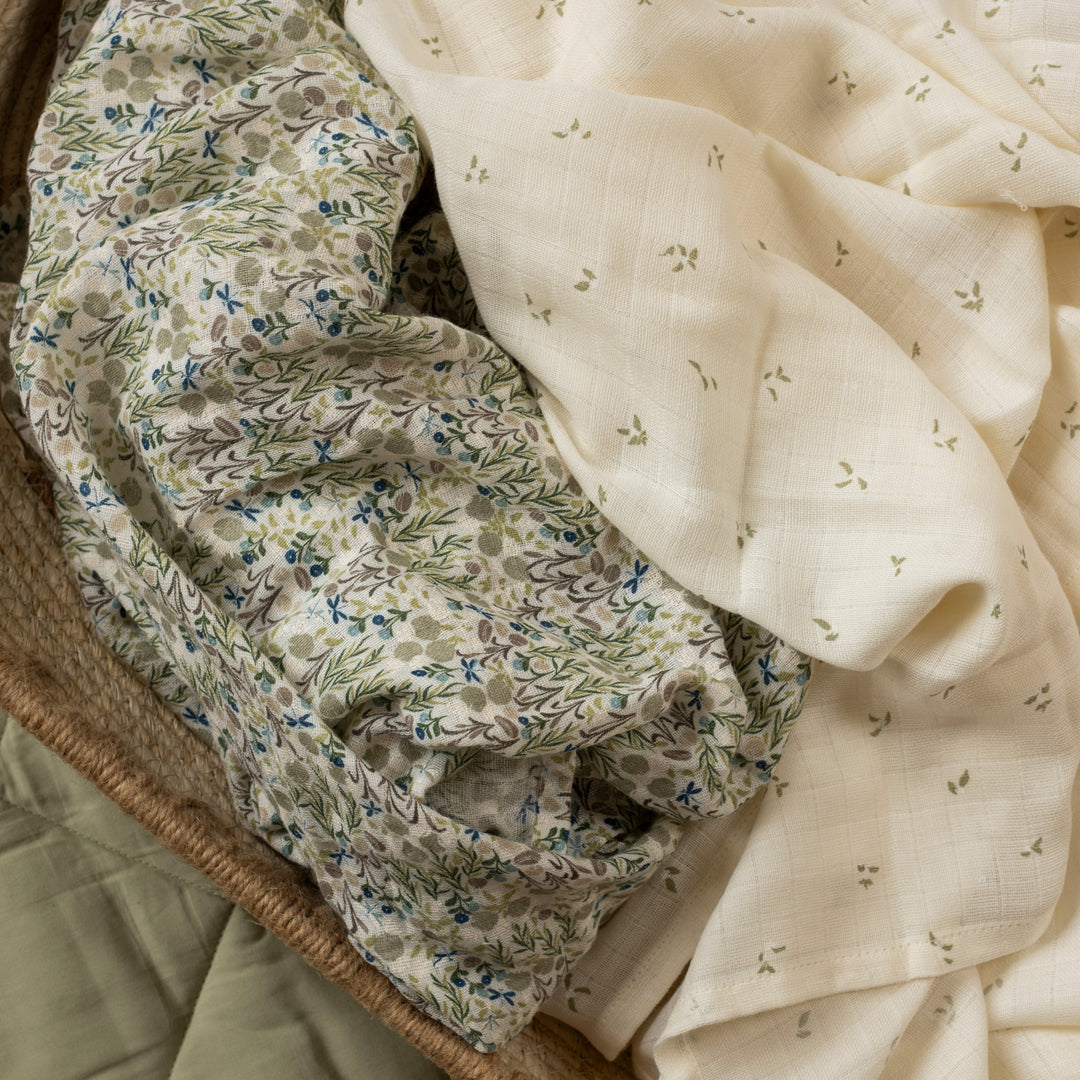 Avery Row - Organic Baby Muslin Squares Set of 2 - Riverbank / Nettle Scatter - Mabel & Fox