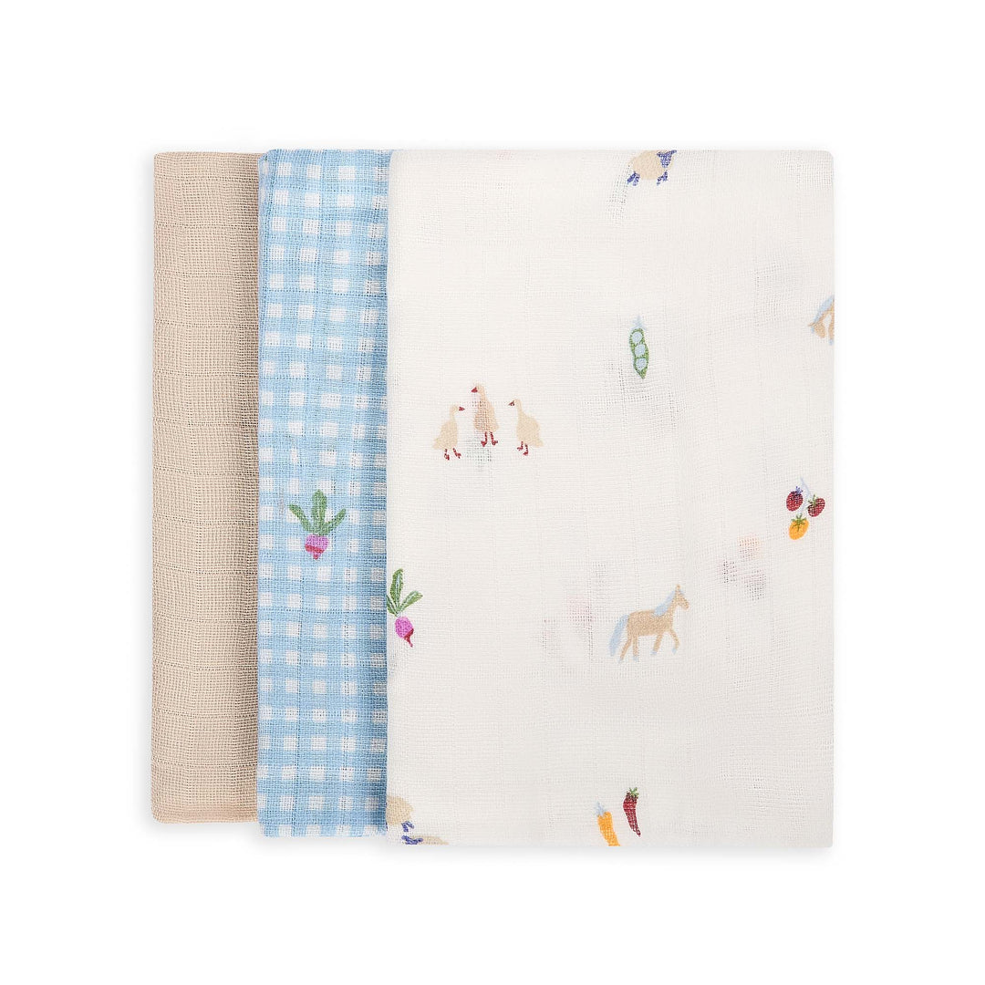 Avery Row - Organic Baby Muslin Squares Set of 3 - Little Farm - Mabel & Fox