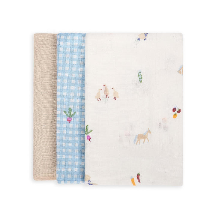 Avery Row - Organic Baby Muslin Squares Set of 3 - Little Farm - Mabel & Fox