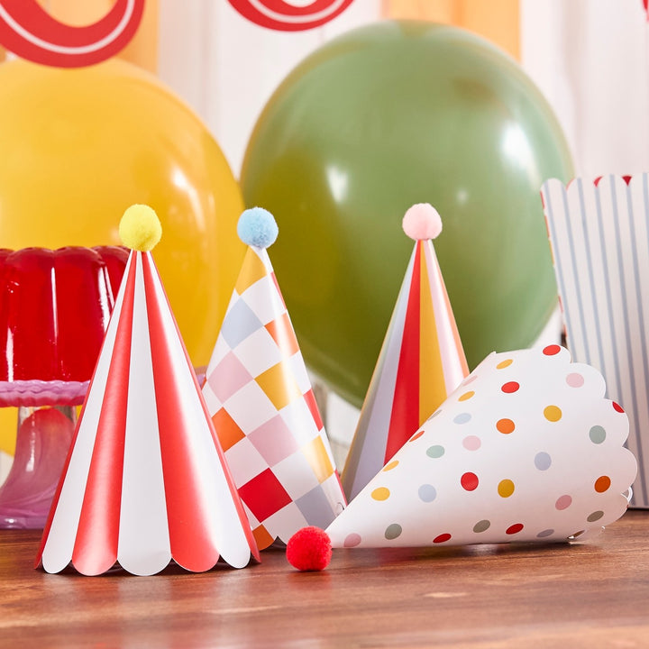 HootyBalloo By Green Club - Circus Party Hats with Pom Poms - (Pack of 8)