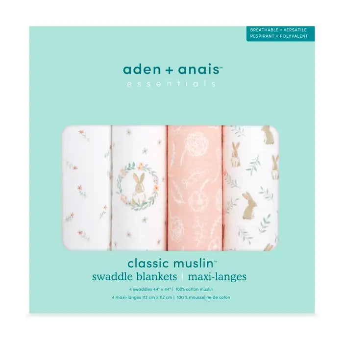 Aden + Anais - Muslin Swaddle Blankets - Blushing Bunnies (4 Pack)