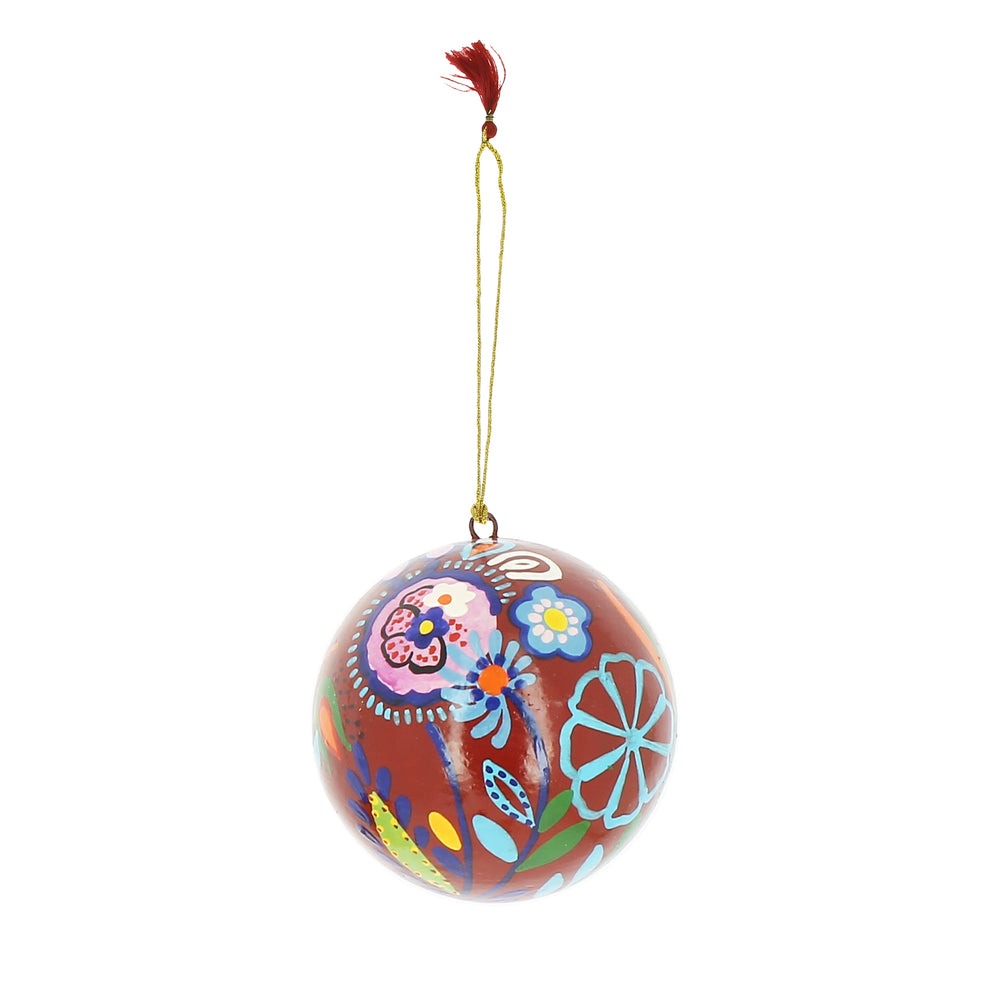 Fiona Walker - Christmas Decoration - Dark Red Paper Mache Bauble With Floral Design - Mabel & Fox