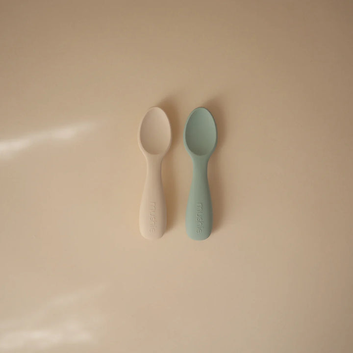 Mushie - Silicone Toddler Starter Spoons- Cambridge Blue/Shifting Sands (2 Pack)