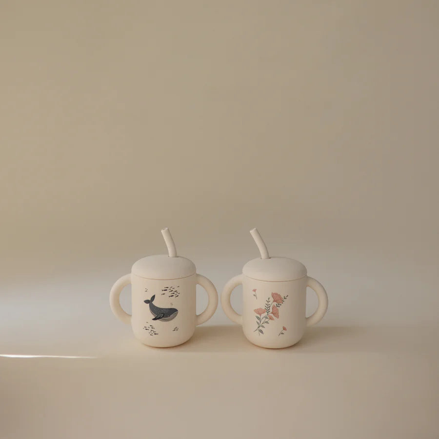 Mushie - Silicone Training Cup + Straw - Whales - Mabel & Fox
