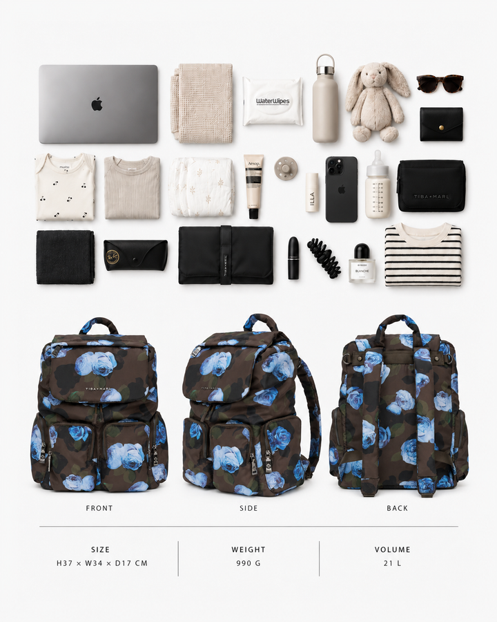 Tiba + Marl Alto Changing Backpack Brown Modern Floral Print