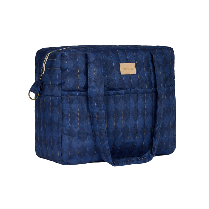 Nobodinoz – Hyde Park Waterproof Stroller Bag – Denim Blue Diamonds - Mabel & Fox