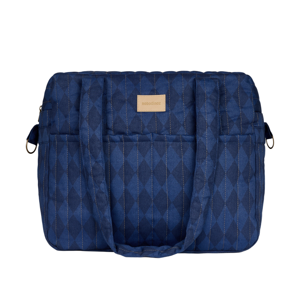 Nobodinoz – Hyde Park Waterproof Stroller Bag – Denim Blue Diamonds - Mabel & Fox