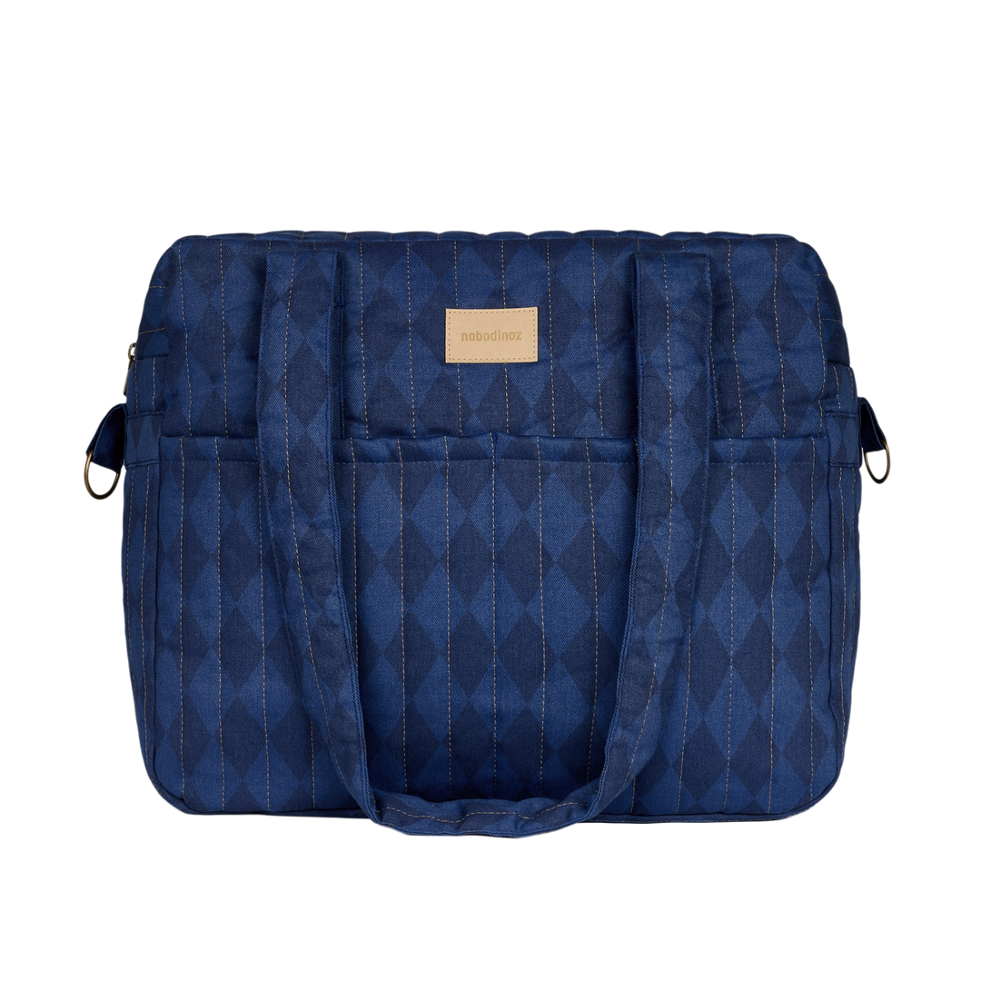 Nobodinoz – Hyde Park Waterproof Stroller Bag – Denim Blue Diamonds - Mabel & Fox