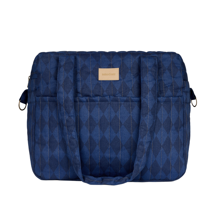 Nobodinoz – Hyde Park Waterproof Stroller Bag – Denim Blue Diamonds - Mabel & Fox