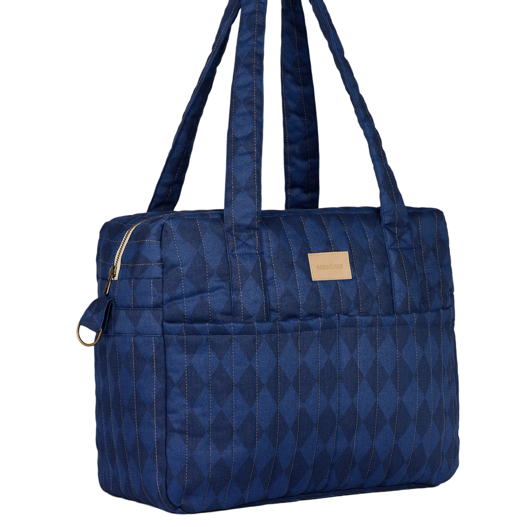 Nobodinoz – Hyde Park Waterproof Stroller Bag – Denim Blue Diamonds - Mabel & Fox