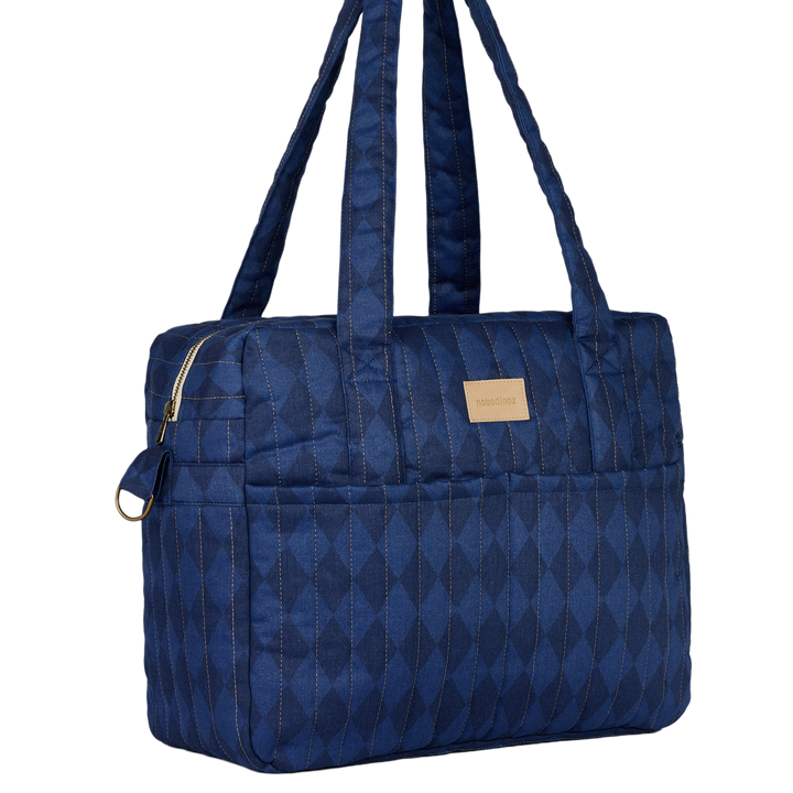 Nobodinoz – Hyde Park Waterproof Stroller Bag – Denim Blue Diamonds - Mabel & Fox