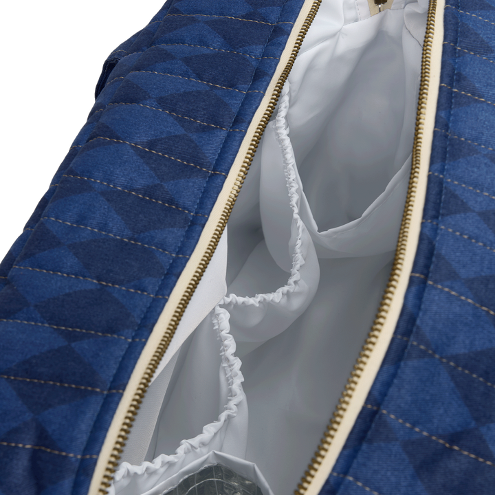 Nobodinoz – Hyde Park Waterproof Stroller Bag – Denim Blue Diamonds - Mabel & Fox