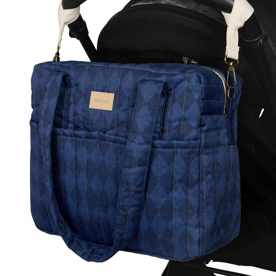 Nobodinoz – Hyde Park Waterproof Stroller Bag – Denim Blue Diamonds - Mabel & Fox