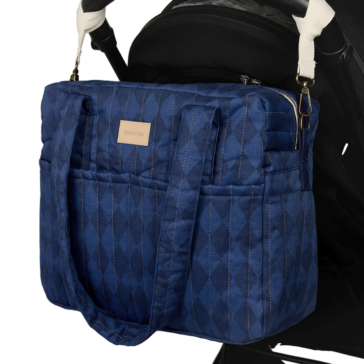 Nobodinoz – Hyde Park Waterproof Stroller Bag – Denim Blue Diamonds - Mabel & Fox