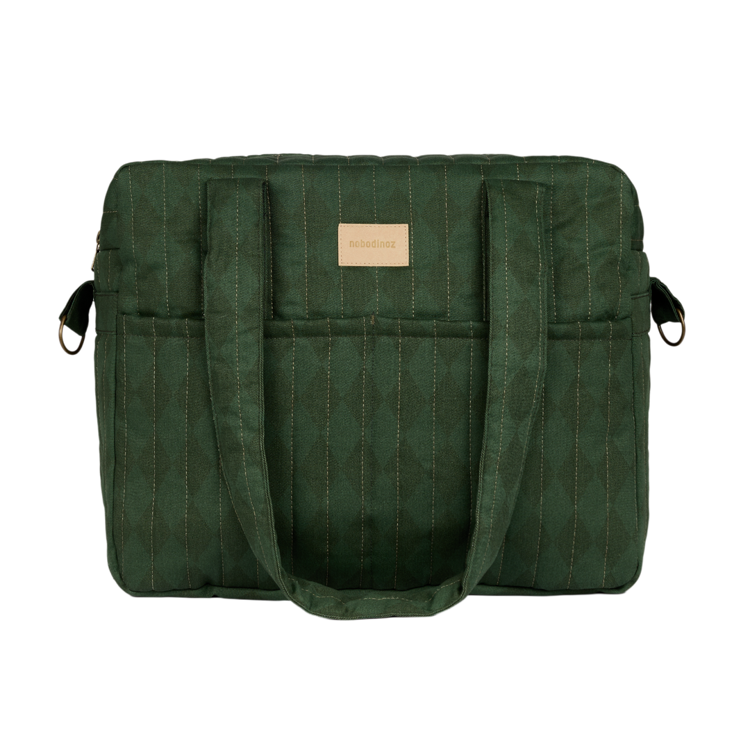 Nobodinoz – Hyde Park Waterproof Stroller Bag – Forest Green Diamonds - Mabel & Fox
