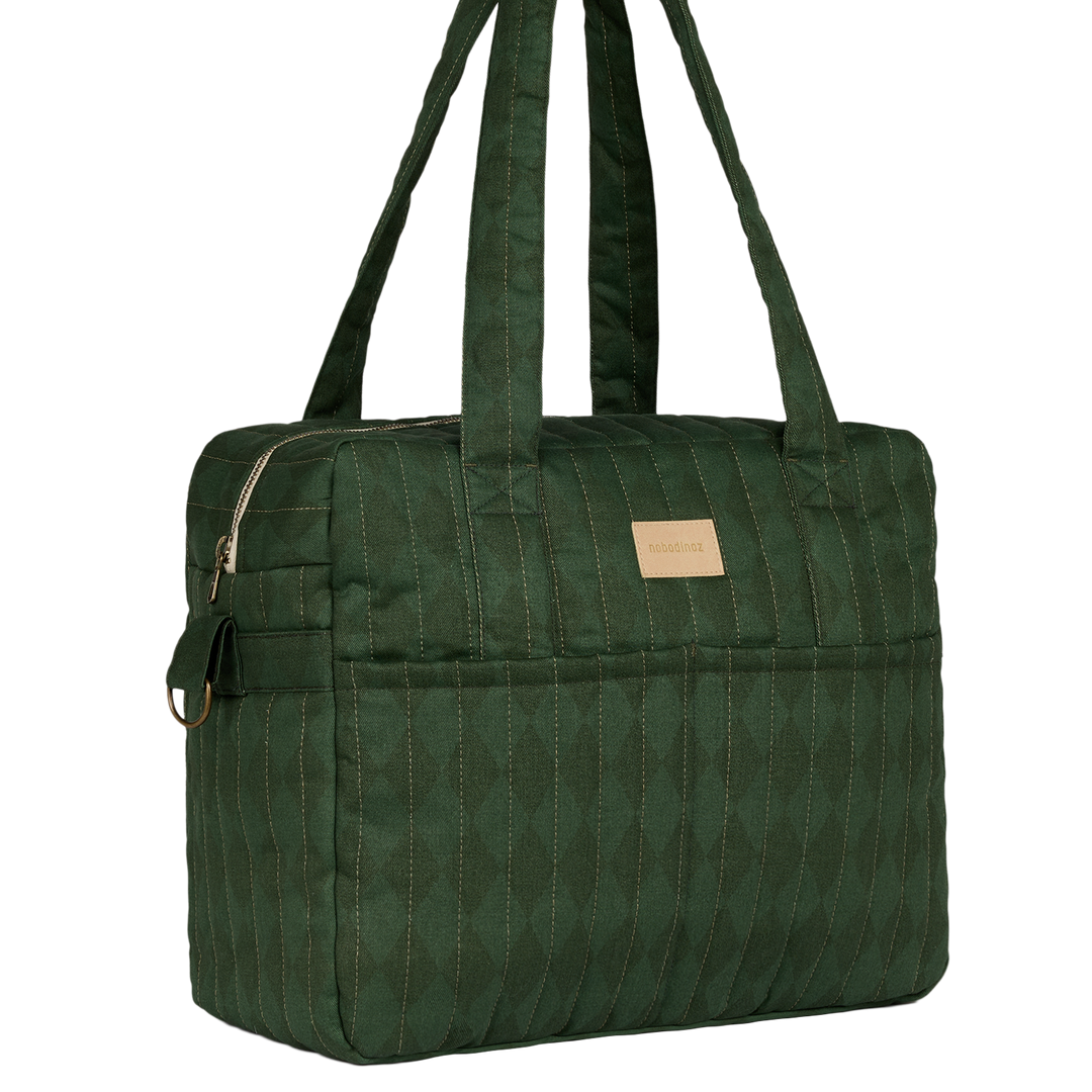 Nobodinoz – Hyde Park Waterproof Stroller Bag – Forest Green Diamonds - Mabel & Fox