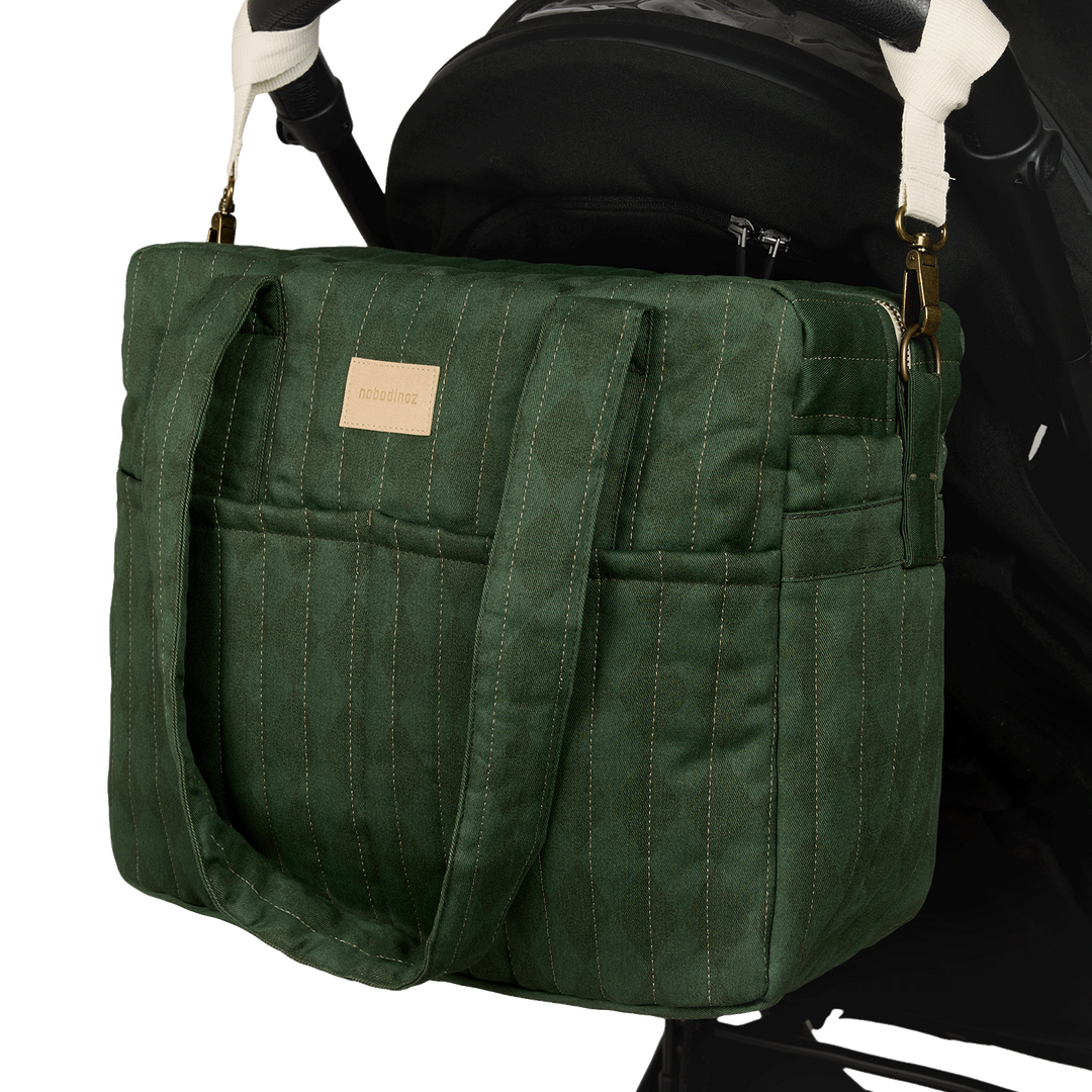 Nobodinoz – Hyde Park Waterproof Stroller Bag – Forest Green Diamonds - Mabel & Fox