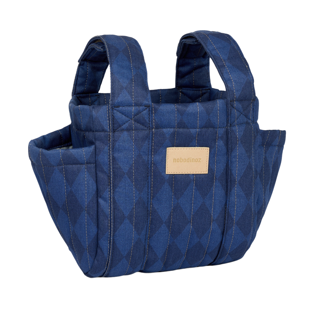 Nobodinoz – Hyde Park Stroller Organiser – Denim Blue Diamonds - Mabel & Fox