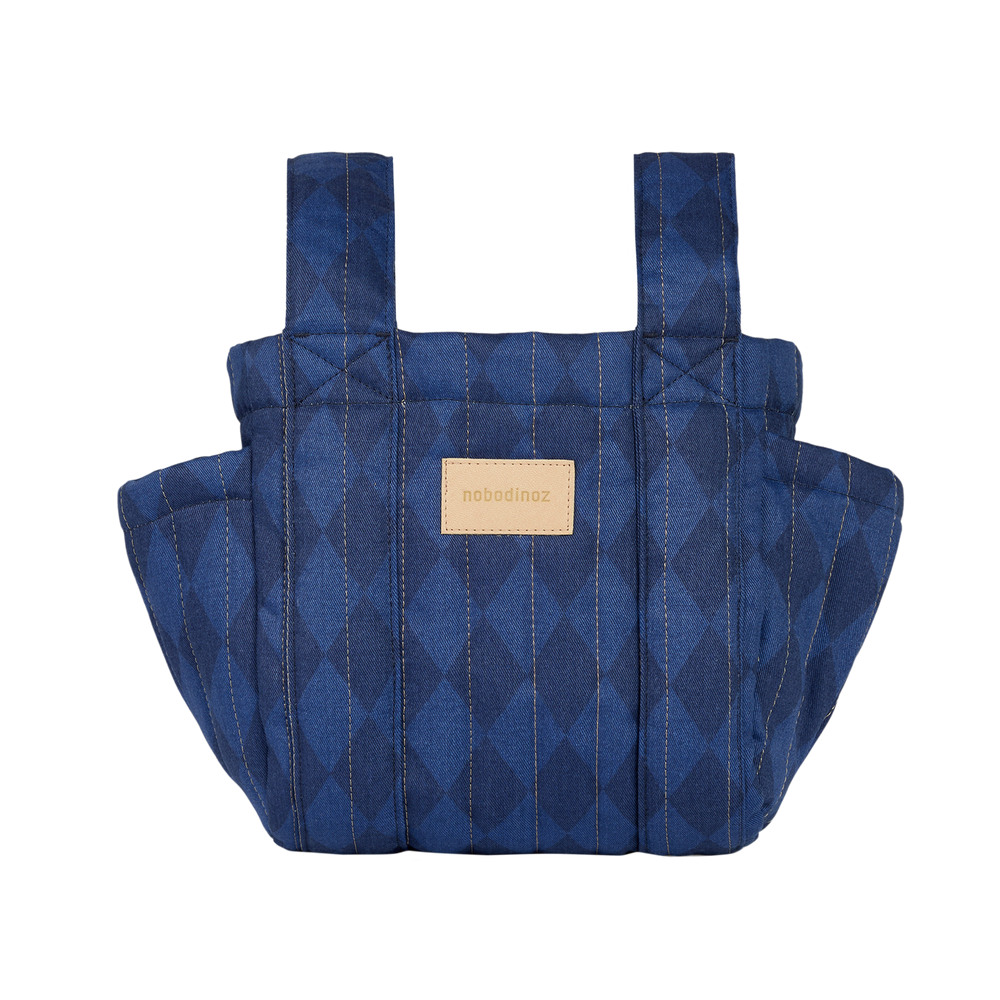 Nobodinoz – Hyde Park Stroller Organiser – Denim Blue Diamonds - Mabel & Fox