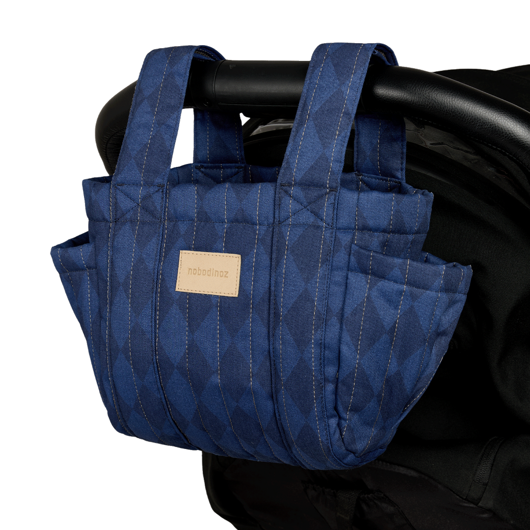 Nobodinoz – Hyde Park Stroller Organiser – Denim Blue Diamonds - Mabel & Fox