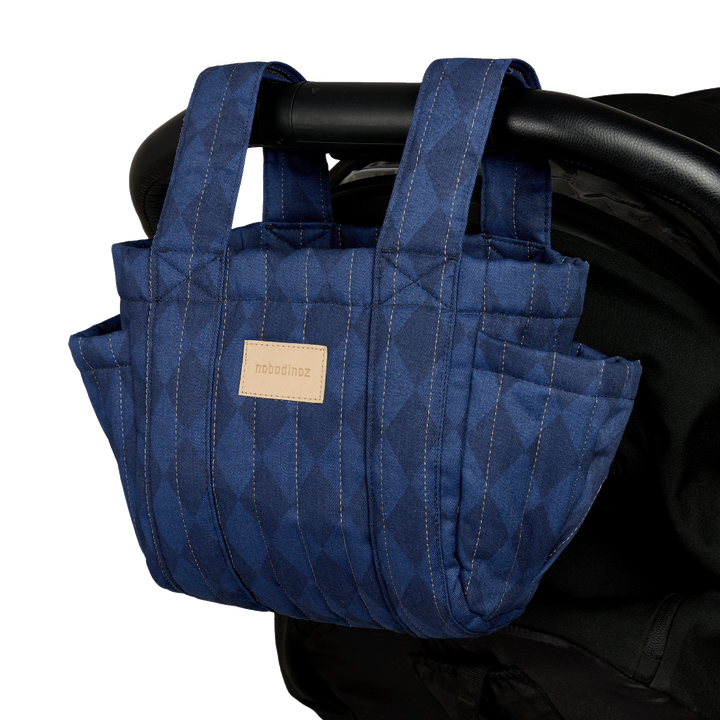 Nobodinoz – Hyde Park Stroller Organiser – Denim Blue Diamonds - Mabel & Fox