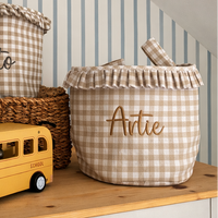 Mabel & Fox - Personalised Beige Gingham Ruffle Basket - Embroidered