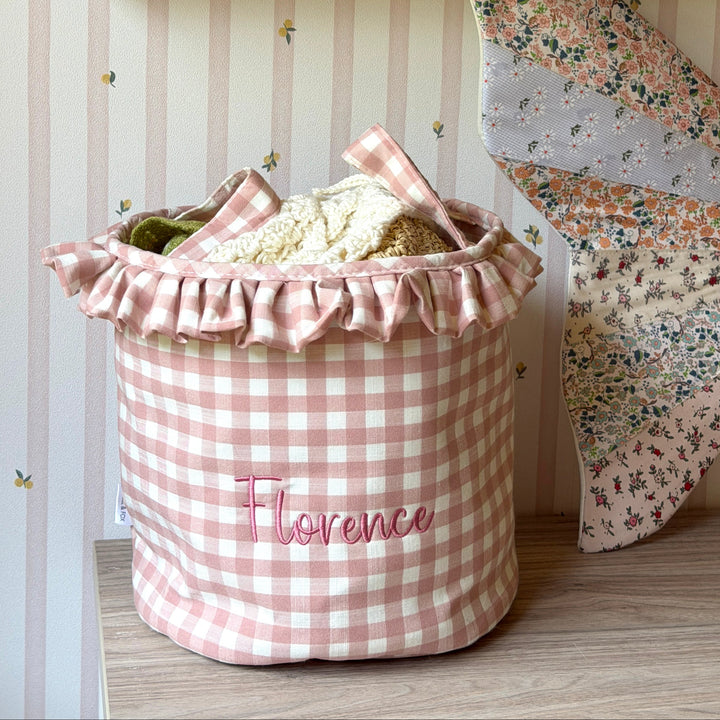 Mabel & Fox - Personalised Pink Gingham Ruffle Basket - Embroidered