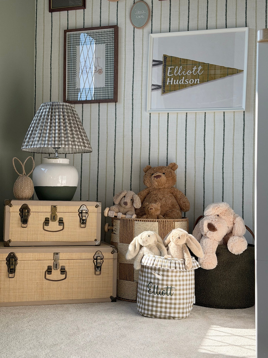 Mabel & Fox - Personalised Green Gingham Ruffle Basket - Embroidered - Mabel & Fox