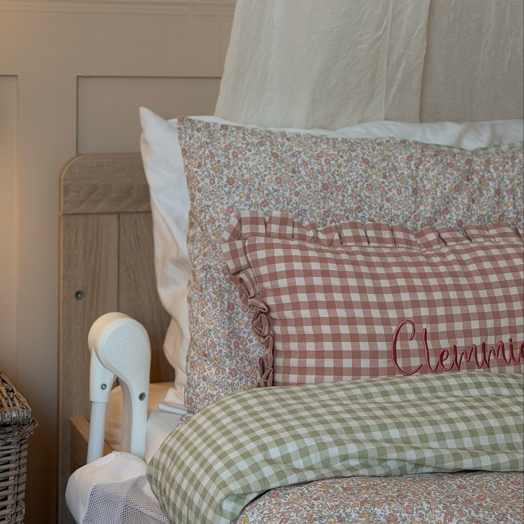 Mabel & Fox - Personalised Gingham Ruffle Cushion Cover - Pink