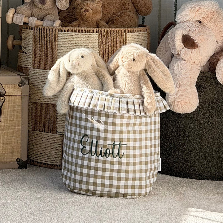 Mabel & Fox - Personalised Green Gingham Ruffle Basket - Embroidered - Mabel & Fox