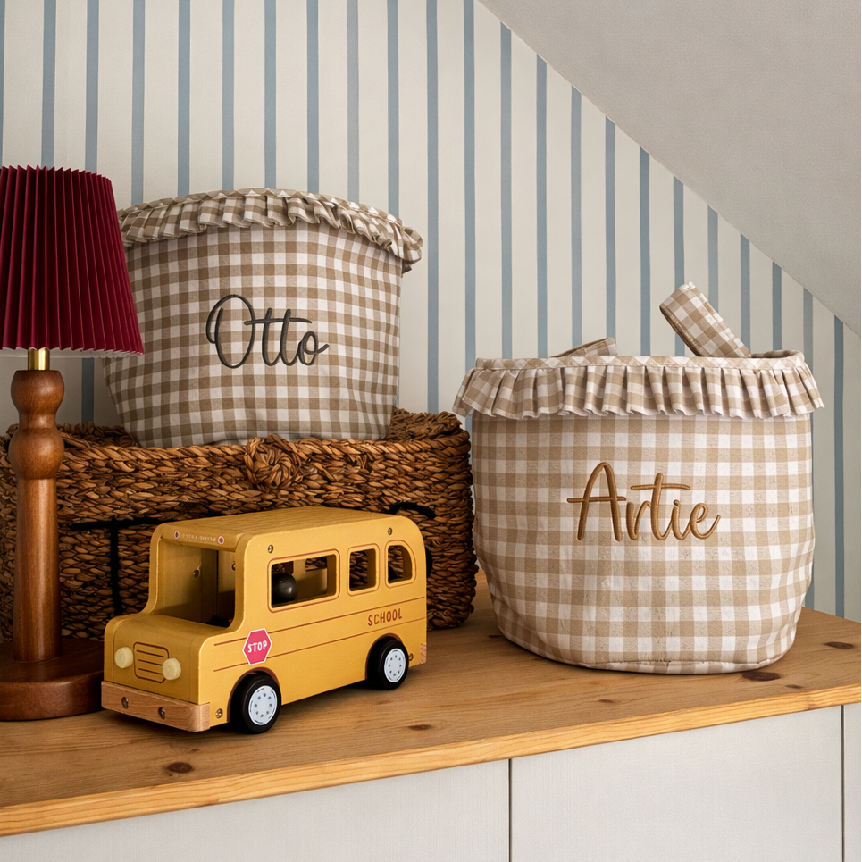 Mabel & Fox - Personalised Green Gingham Ruffle Basket - Embroidered - Mabel & Fox